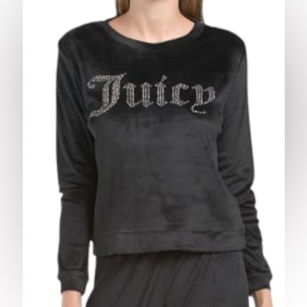 Juicy Couture Womenโs Black Crew Neck Velvet Fleece Long Sleeve Shirt Size: XL